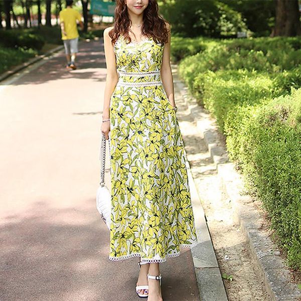 

casual dresses 2021 woman summer sundress sleeveless spaghetti strap dress fashion hloow out floral print maxi long beach, Black;gray