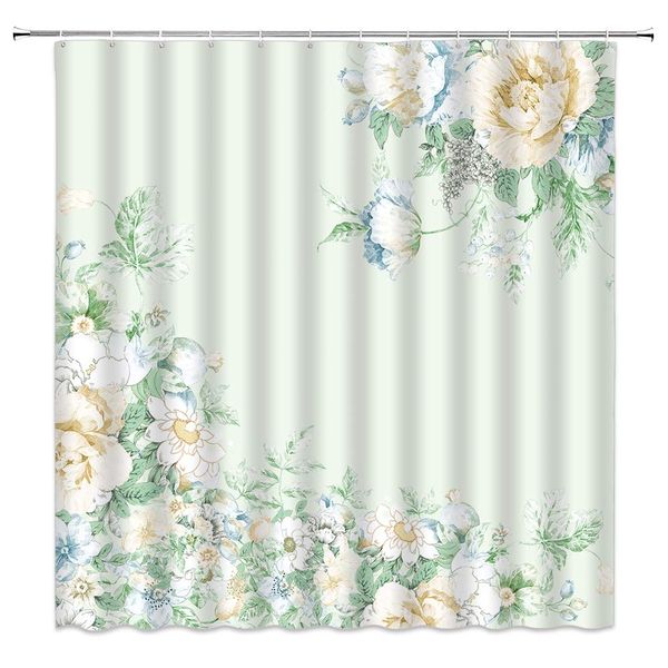 

floral shower curtain decor watercolor hibiscus flower daisy leaf spring natural pastel tones green yellow fabric bath curtains