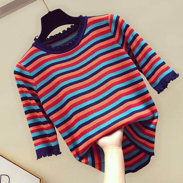 

rainbow stripe slim knitted sweater women short frilled round neck ruffled seven-sleeve pullover jumpers female spring summer women's s, White;black