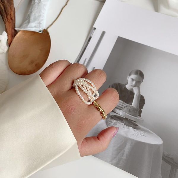 

cluster rings 925 sterling silver gold-plated natural pearl flower bud ring non-mainstream design small chain, Golden;silver