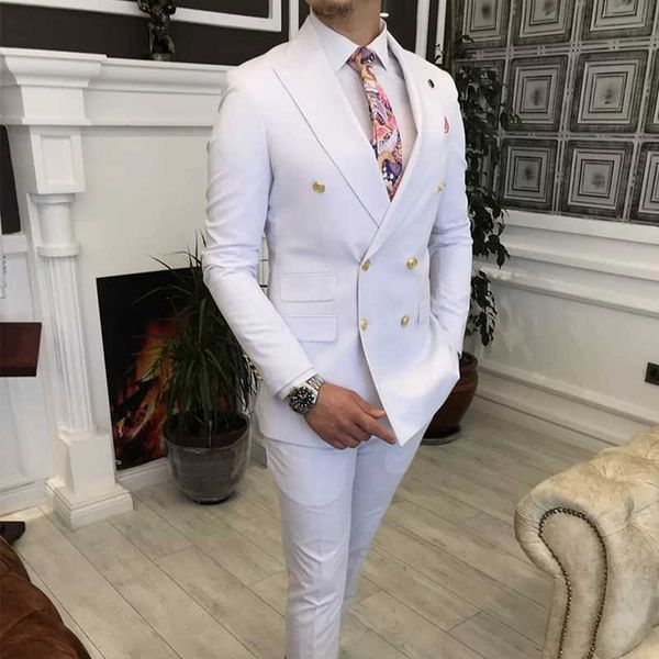 Zweireiher Weiße Männer Anzüge mit spitzem Revers Slim Fit 2 Stück Hochzeit Smoking Mann Mode Männlich Prom Kostüm Jacke Hosen X0909