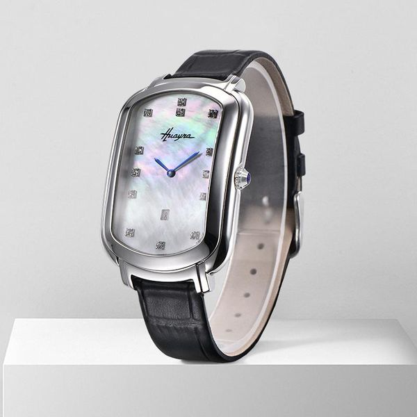 

fashion casual quartz ladies 31mm square diamond-encased wrist watch, color shellfish dial black leather strap wristwatches, Slivery;brown
