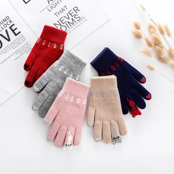 

five fingers gloves winter women' touch screen cold insulation thickened knitting wool mobile games printed girl, Blue;gray