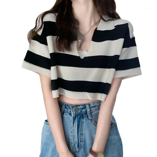 

women's t-shirt women stripe v-neck short sleeve cover loose wear t-shirts, White