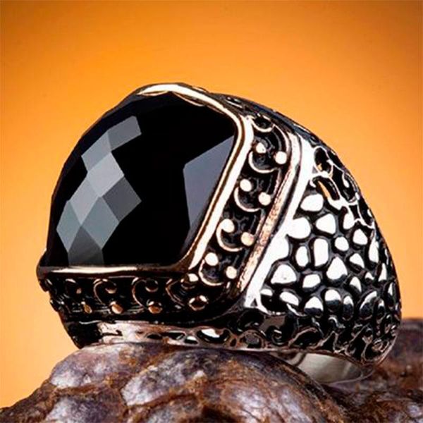 

cluster rings vintage turkish jewelry original pure 925 sterling silver ring for man real black zircon natural stone patterned handmade, Golden;silver