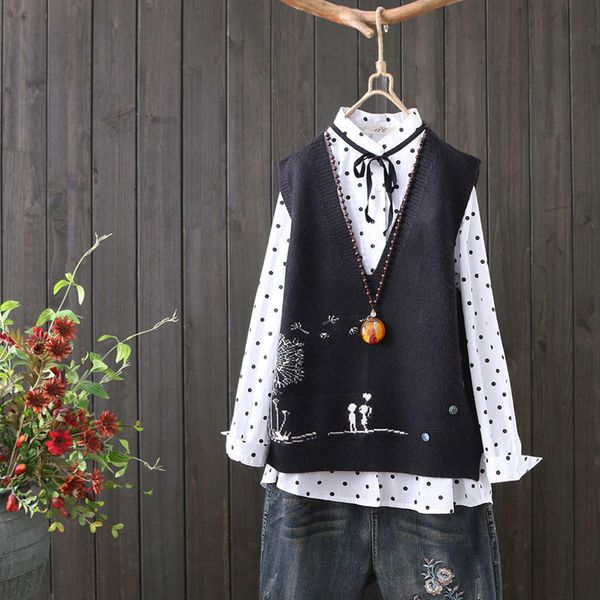 

women's vests fashion embroidery v-neck knitted sweater female literary fan loose sleeveless cartoon pattern women spring xfga, Black;white