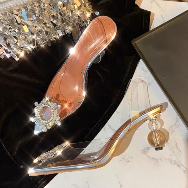 

sandals ins wind luxury famous pointed crystal female 2021 summer sun buckle rhinestone heel shoes transparent women's, Black