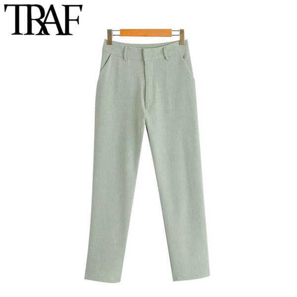 

traf women chic fashion office wear straight pants vintage high waist zipper fly pockets female ankle trousers mujer 210415, Black;white