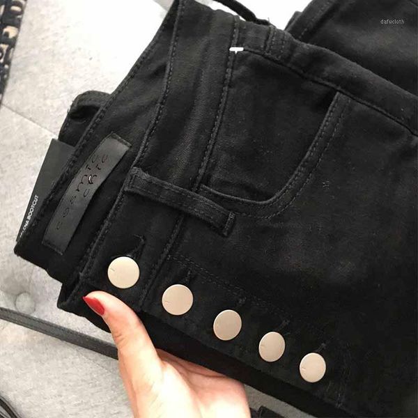 

women's jeans women skinny high waist black casual elastic slim denim single breasted golden buttons fit pencil pants, Blue