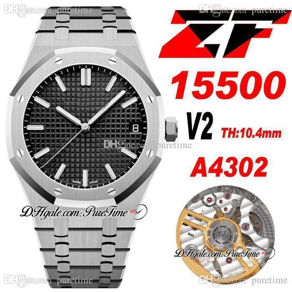 ZF V2 Ultra Thin A4302 Automatik-Herrenuhr, 41 mm, Zifferblatt mit schwarzer Textur, Strichmarkierungen, Edelstahlarmband, Super Edition, Schweizer Zeigerset, 2022, Gratis-Box, Puretime A1