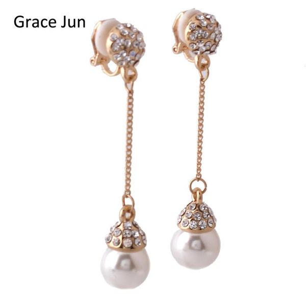 

clip-on & screw back grace jun 4 colors choose luxury bride rhinestone simulated pearl long tassel clip on earrings non piercing for girls g, Silver