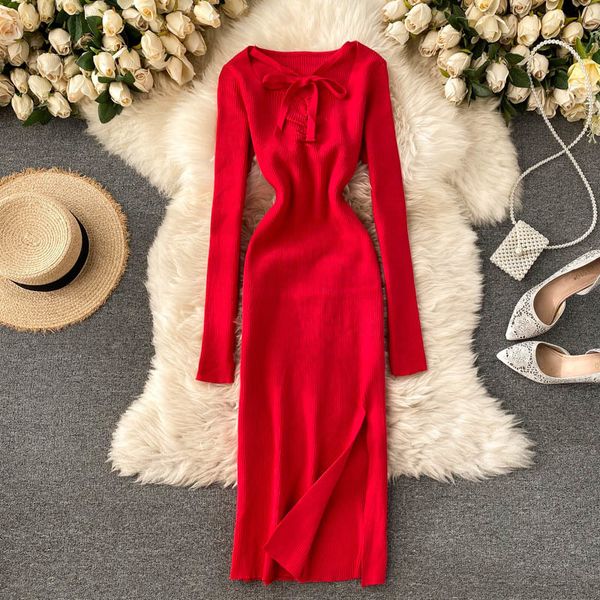 

spring and autumn black women's vintage knitted dress simple solid lacing red basic long-sleeved v-neck female 210514, Black;gray