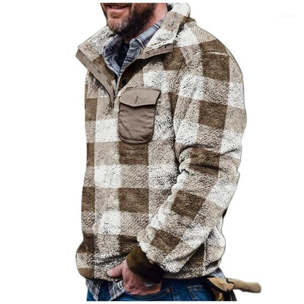 

men's jackets feitong men plaid jacket winter rurn down neck plush sweater button pullover with pocket outwear windproof, Black;brown