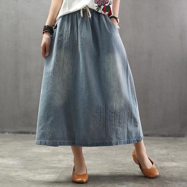 

plus size a line denim women skirt long oversized vintage art loose ankle length jeans, Black