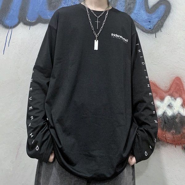 

men's t-shirts chunqiu harajuku wind sleeve letter print bottom loose long-sleeved t-shirt, White;black
