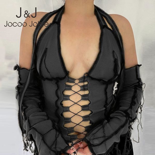 

jocoo jolee women summer vintage hollow lace halter bandage backless tassel solid navel long sleeve t-shirt 210518, White