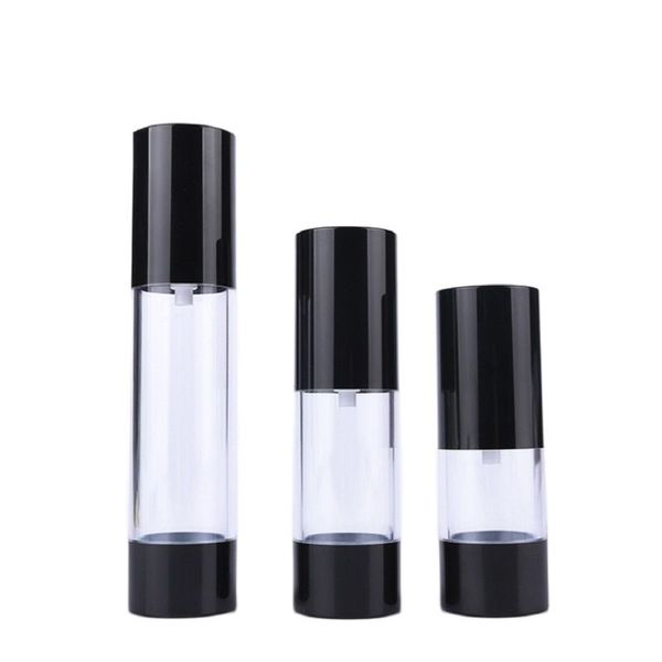 15 ml, 30 ml, 50 ml, klassische schwarze Airless-Kunststoffflasche, Vakuum-Lotion-Pumpe, Sprühdüse, Kosmetikbehälter, nachfüllbare Reiseverpackungsflaschen