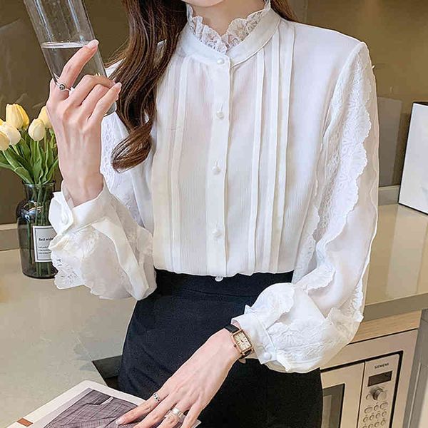 

chiffon long sleeve women shirt ruffle lace spring ladies blusas feminine stand collar blouses shirt 631b 210420, White