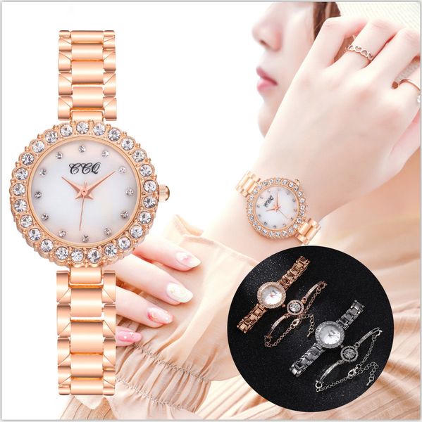 

bracelet and watches women ccq luxury crystal casual wristwatch quartz stainless steel newv strap bracelet watch set reloj mujerq0108, Slivery;brown