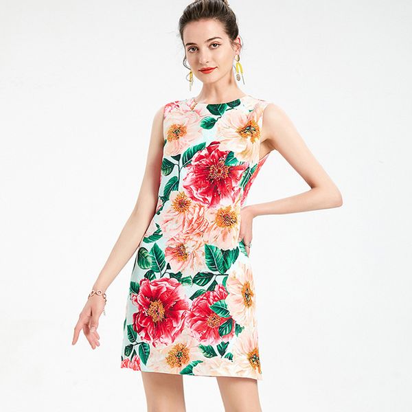 

women's runway dresses o neck sleeveless beaded floral printed dobby fashion a line short dress vestidos, Black