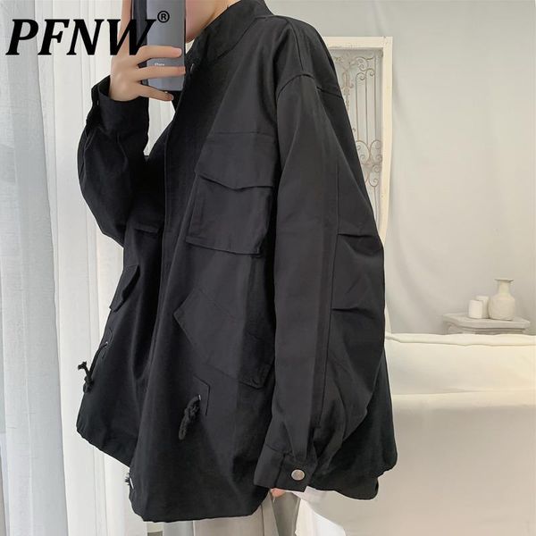

men's jackets pfnw 2021 autumn tooling coat korean loose large zipper clothes stand collar pocket solid color casual 12x0061, Black;brown