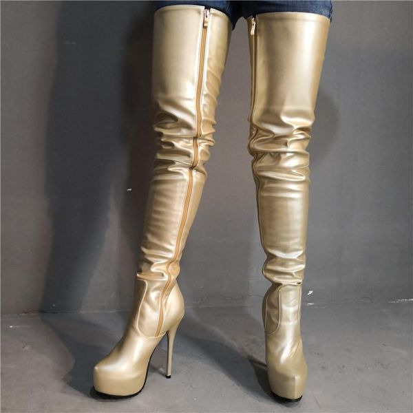 

boots real po runway trendy shoe woman overknee gold platform high heels stiletto leather thigh crotch ladies, Black