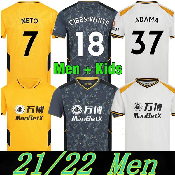 

21 22 wolve soccer jersey semedo raul neto neves 2021 2022 wanderers j.otto podence wolverhampton football shirts adama men kids kits unifor, Black;yellow
