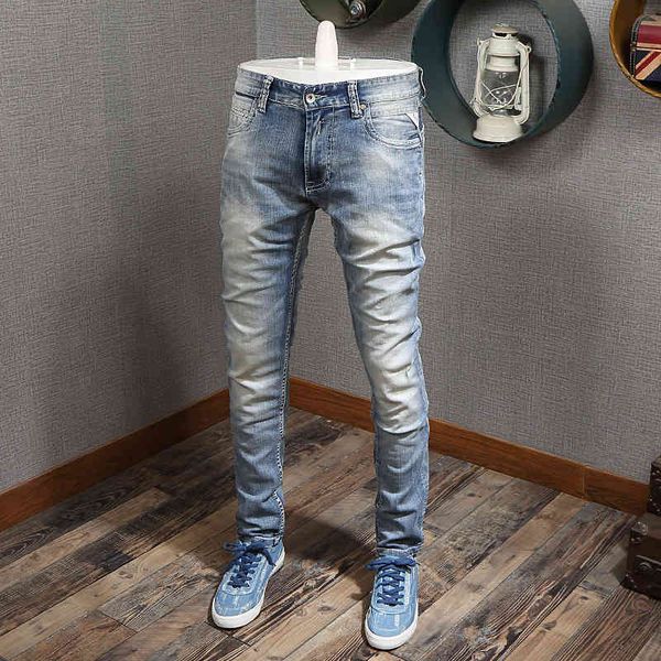 

jeans italian style fashion light blue white wash slim fit classical vintage summer simple designer jeans men pants