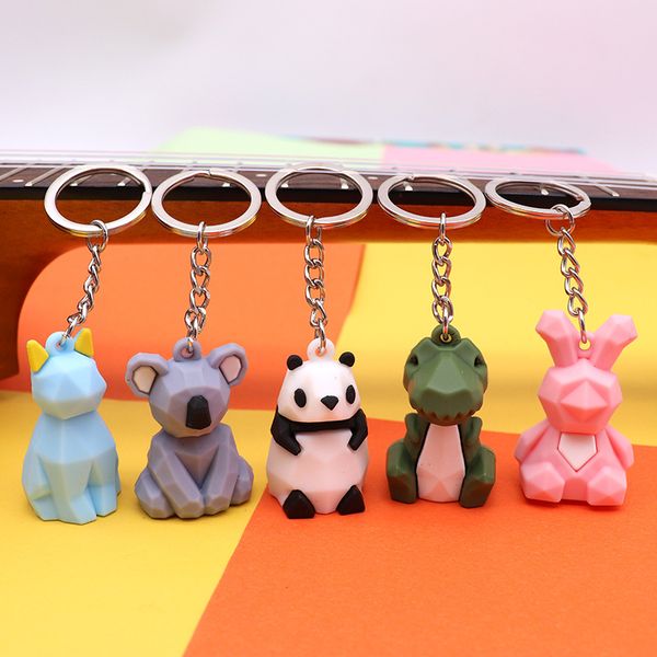 

creative cartoon geometric faceted dinosaur unicorn panda keychain couple car key chain keyring backpack trinket hanging, Silver