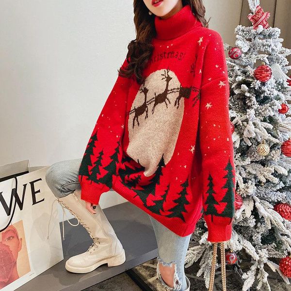 

women's sweaters women turtleneck christmas snowflakes printed knitted sweater autumn winter oversize xmas deer knit pullovers, White;black