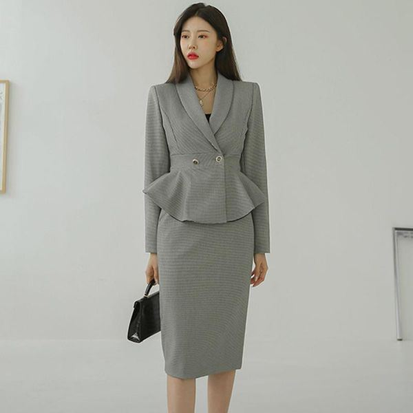

two piece dress retro women temperament double breasted jacket blazer high waist skirt 2 pieces, White