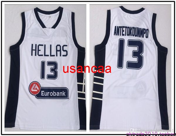 Maglie Grecia Hellas College The Alphabet Basketball 13 Maglia Giannis Antetokounmpo Uomo Bianco Sport di squadra Traspirante