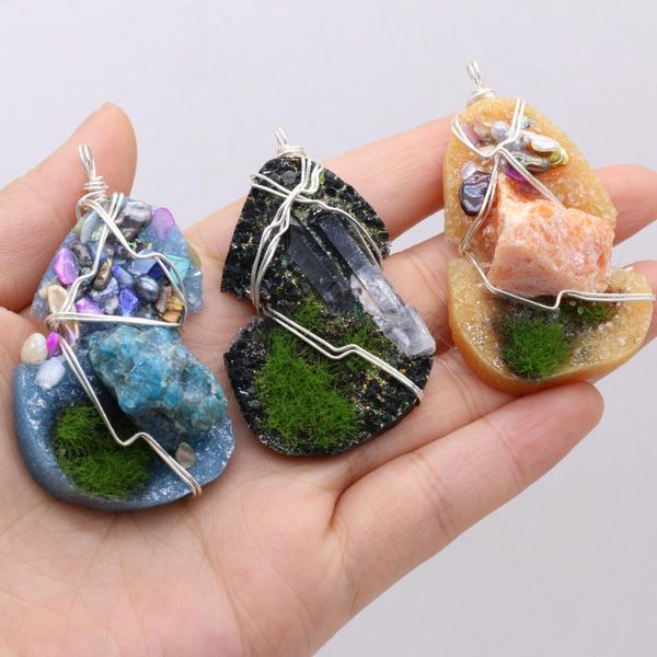 

charms natural semi-precious stone pendant resin winding silver wire jewelry for making diy necklace accessories size 58x30x18mm, Bronze;silver