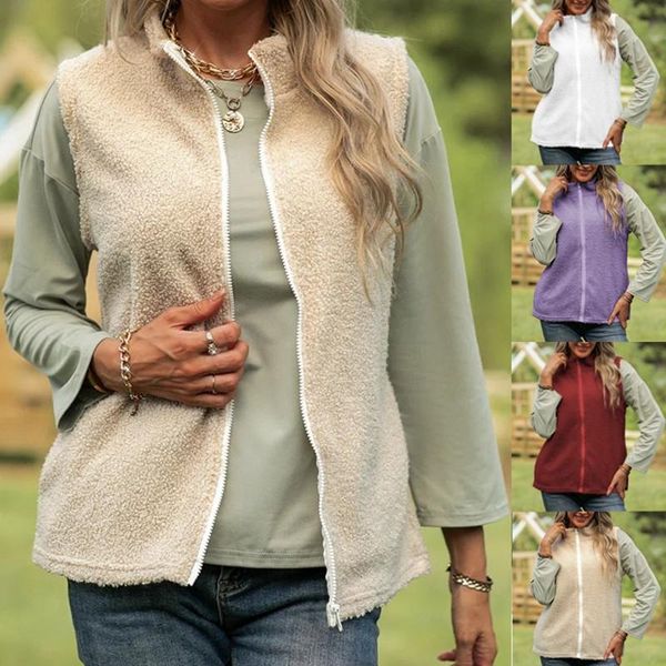 

women's vests 2021 autumn and winter solid color vest zipper cardigan stand collar fleece loose tank colete feminino inverno, Black;white