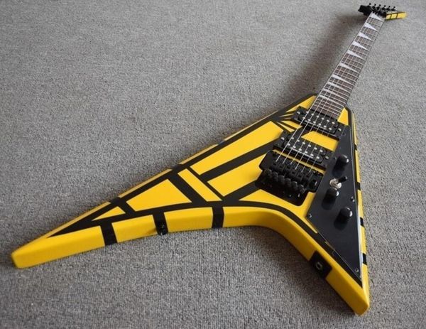 Raro Michael Doce Jack Filho Voando V Stryper Guitarra Elétrica Preto Listra amarela, Floyd Rose Tremolo Bridge, Bar Whammy, Nutro, Blackhardware