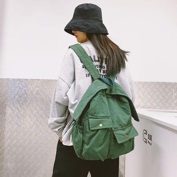 

backpack teenage cotton fabric school book female student preppy style canvas casual daily multi-pockets yellow knapsack bag