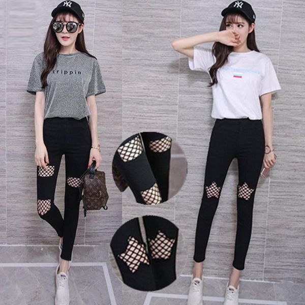 

women's leggings 2021 thin ripped pencil pants fishnet beggar black outer wear students elastic slimming cropped skinny trousers