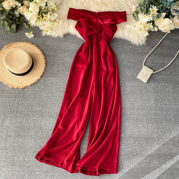 

women's jumpsuits & rompers fashion 2021 slash neck high waist thin wide leg one-piece lady solid color overalls k894, Black;white