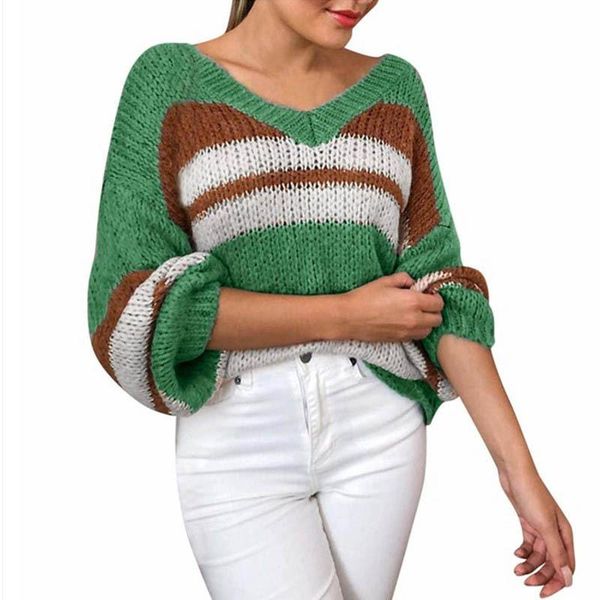 

women's sweaters 2021 autumn knitted pullover sweater v neck long sleeve color patchwork striped casual loose winter clothes women, White;black