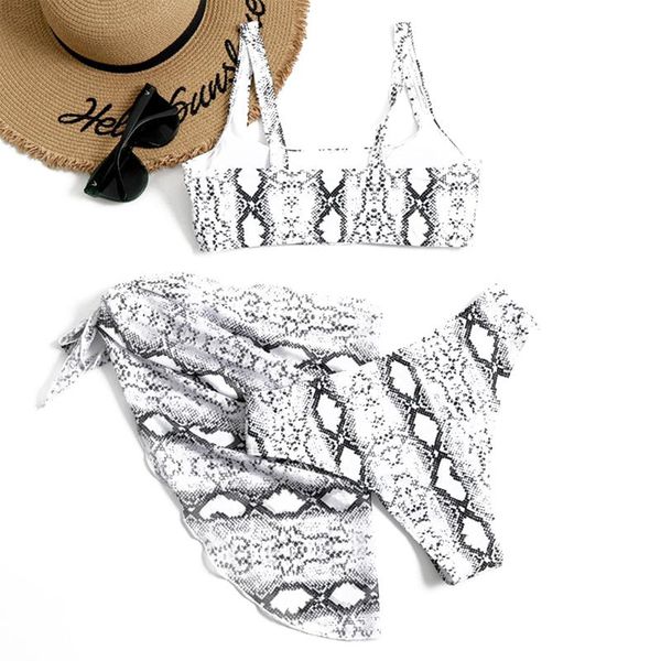

women's swimwear 3pcs women summer swimsuit, snake print tank + swimming panty bottom shawl bikini set for girls, White;black