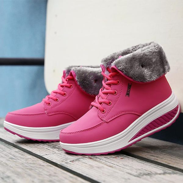 

boots winter women's snow warm plush cotton shoes lace up female furry wedge platform woman ankle 2021 fashion footwears, Black