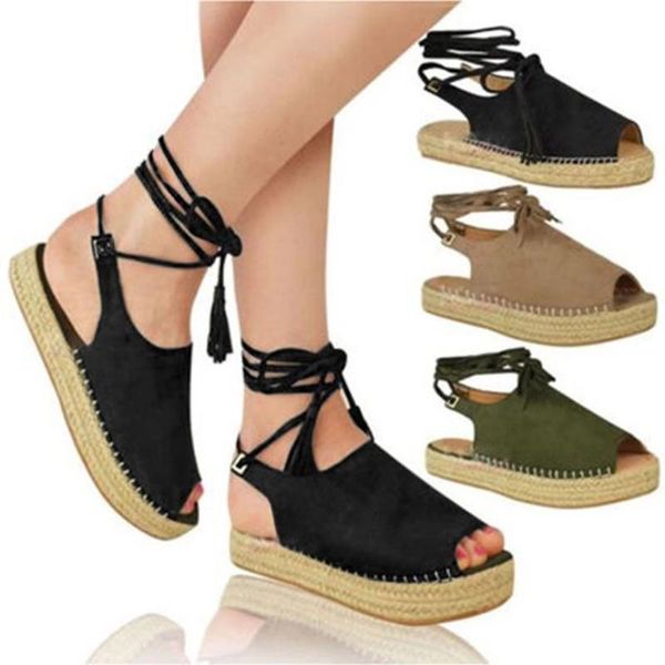 

women's espadrilles alpargatas large size cross sandals ankle strap platform summer thick ladies shoes, Black