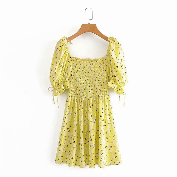 

casual woman yellow stretchy flower mini dress summer fashion ladies beach dresses female sweet a-line print 210515, Black;gray