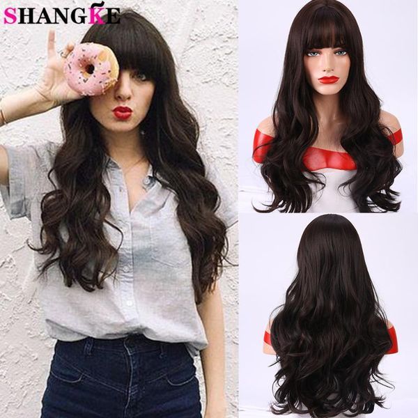 

shangke synthetic long curly with bangs wigs for black women daily cosplay wig brown chocolate colors heat resistant fiber1
