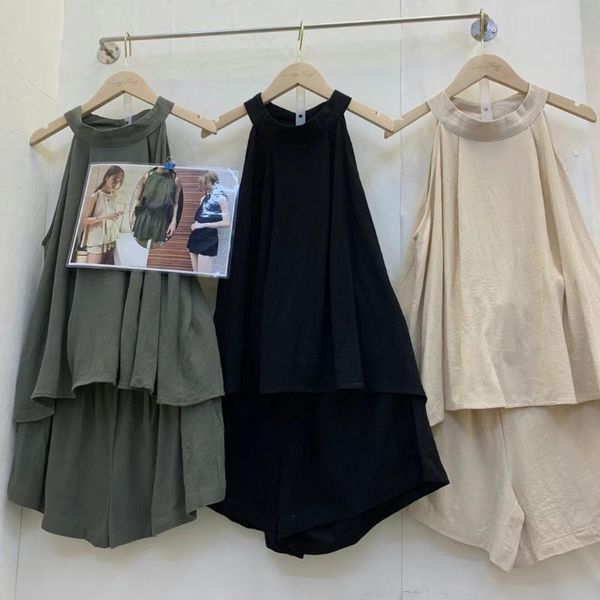 

women's tracksuits south korea cotton and linen sleeveless halter off-shoulder slim elastic wide leg shorts suit, female fashion, Gray