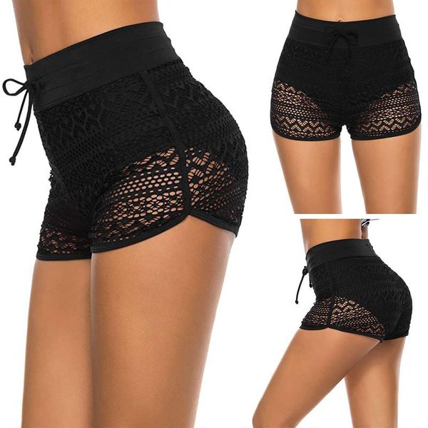 

women's swimwear hirigin female lace floral swimming trunkshigh waist beach shorts perspective with adjustable drawstring for summer, White;black