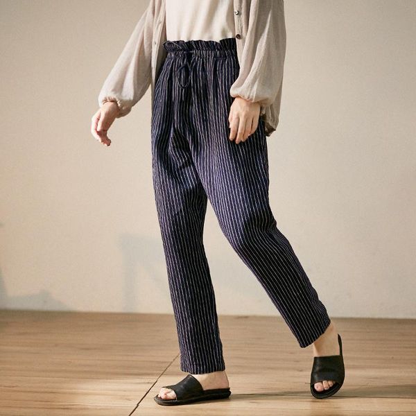 

women's pants & capris summer women cottagecore japan style striped comfortable natural fabric skin friendly linen trousers straight, Black;white