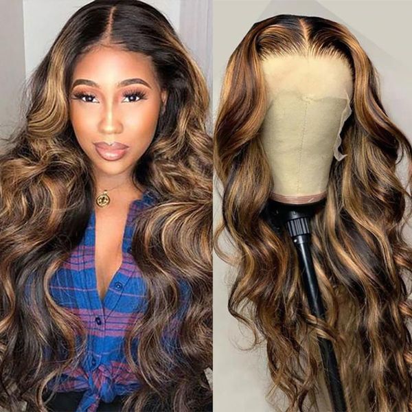 

lace wigs highlight wig human hair remy brazilian hair,glueless straight t part #4/27 for black woman 150% vrvogue, Black;brown
