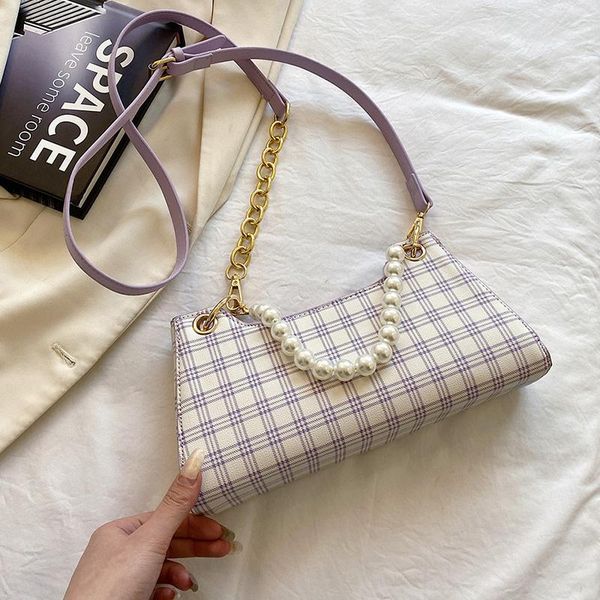 

simple fashion female plaid shoulder underarm bag women pearl chain handbags retro pu leather ladies messenger bags