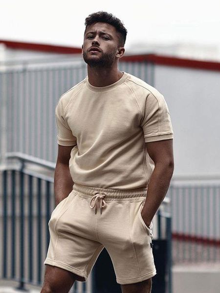 

men's tracksuits solid color cotton stitching short-sleeved sports suit summer fashion slim breathable shorts 2-piece set, Gray